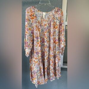 H&M Floral Peasant Boho Tiered Hem Dress Size L Spring Summer Flowy Scoop Neck